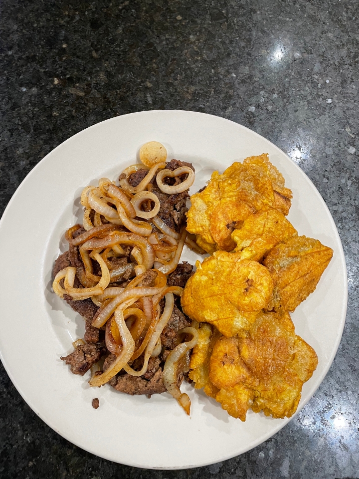 Order Bistec Encebollado - Marinated  steak and onions food online from Don Quijote Restaurant store, Manchester on bringmethat.com