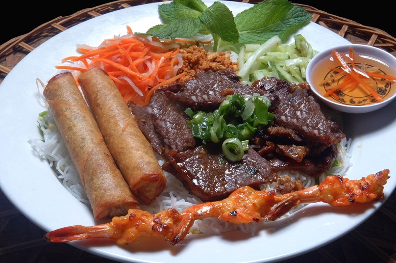 Order Charbroiled Meat, Shrimp, Eggrolls Vermicelli (Bun Tom Thit Nuong Cha Gio) food online from Pho Super Bowl store, Diamond Bar on bringmethat.com