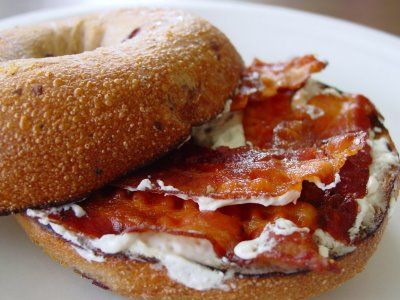 Order Bagel with Cream Cheese and Bacon food online from Six Corners Café store, North Bergen on bringmethat.com