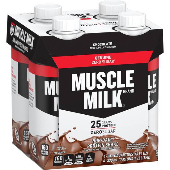 Order Muscle Milk Genuine Non-Dairy Protein Shake Chocolate Cartons (11 oz x 4 ct) food online from Rite Aid store, CONCORD on bringmethat.com