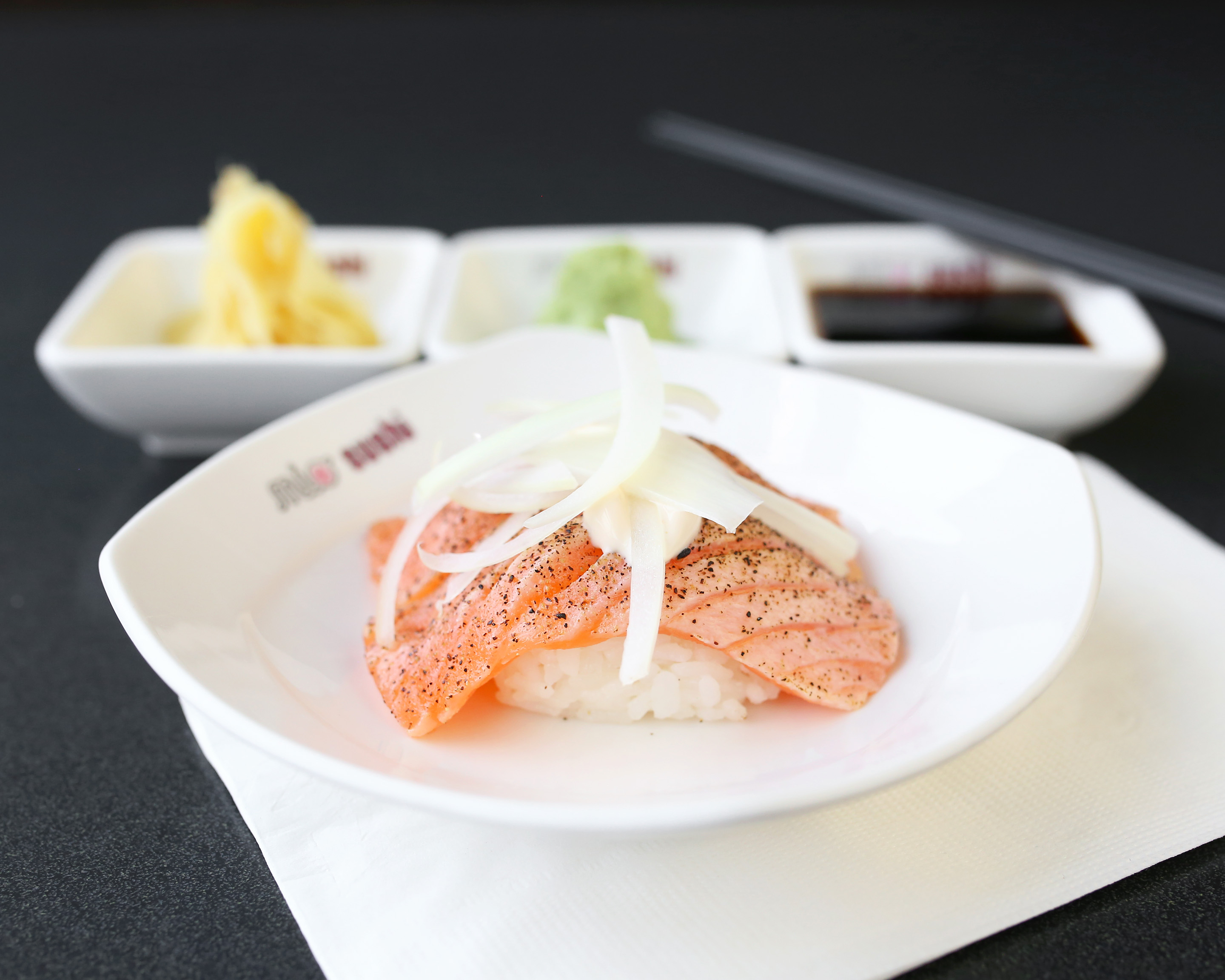 Order Onion Salmon Nigiri food online from Mio Sushi store, Bend on bringmethat.com