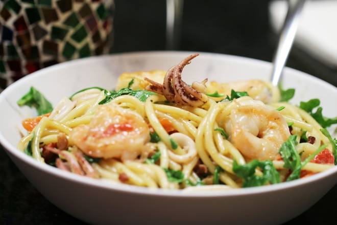 Order Seafood Pasta (VO) food online from Blue Moose Bar & Grill store, Prairie Village on bringmethat.com