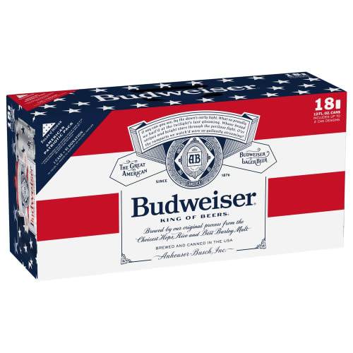 Order Budweiser · Domestic American-Style Lager Beer (18 x 12 fl oz) cans  food online from D & B Liquor store, Olmos Park on bringmethat.com