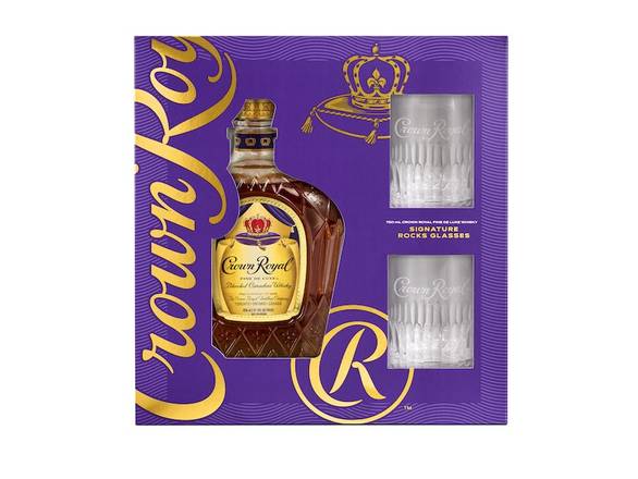 Order Crown Royal Fine De Luxe Blended Canadian Whisky with Two Signature Rocks Glasses - 750ml Bottle food online from Josh Wines & Liquors Inc store, New York on bringmethat.com