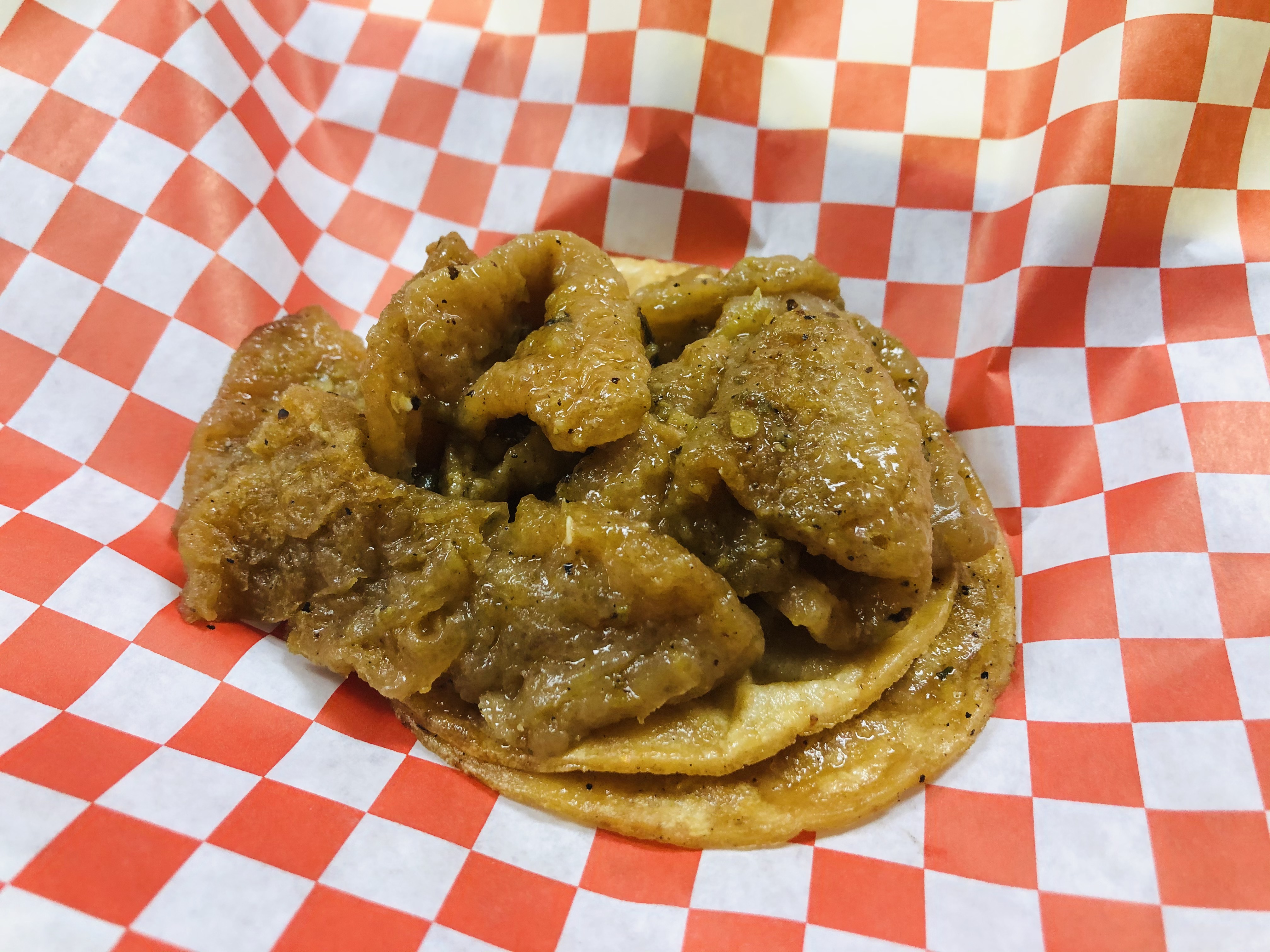 Order Green Chicharone Taco with cheese  food online from Nana Tamales New Mexico Specialties store, Temecula on bringmethat.com