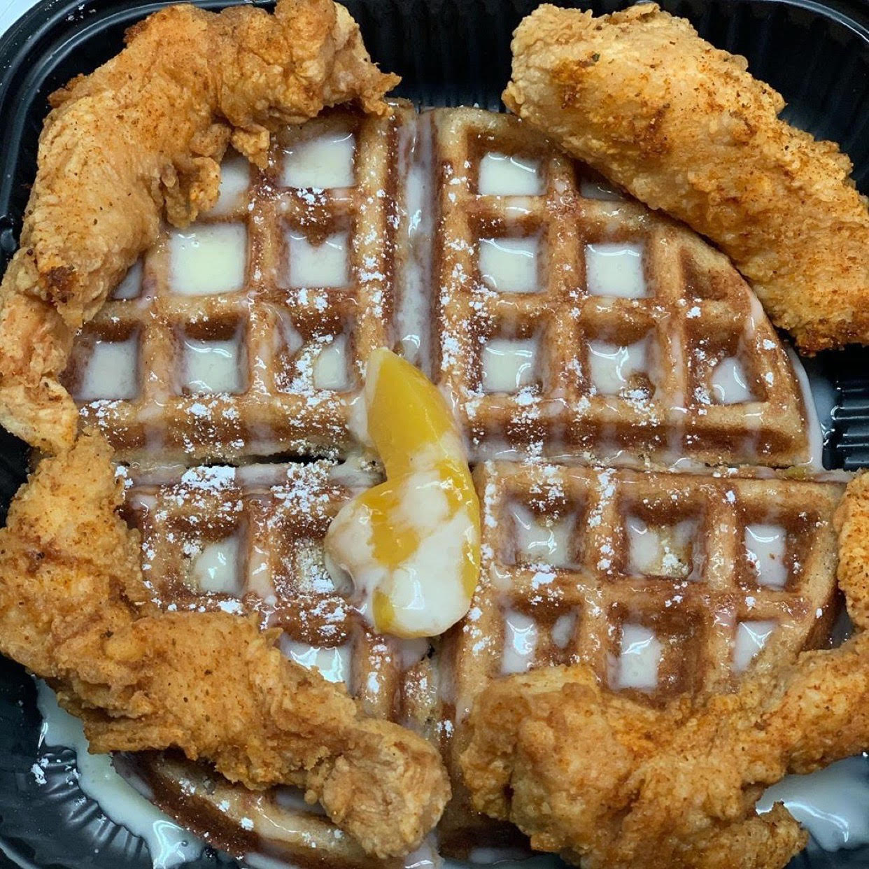 Order Chicken & Peach Cobbler Waffle Combo food online from Cuzzo's Cuisine store, Charlotte on bringmethat.com