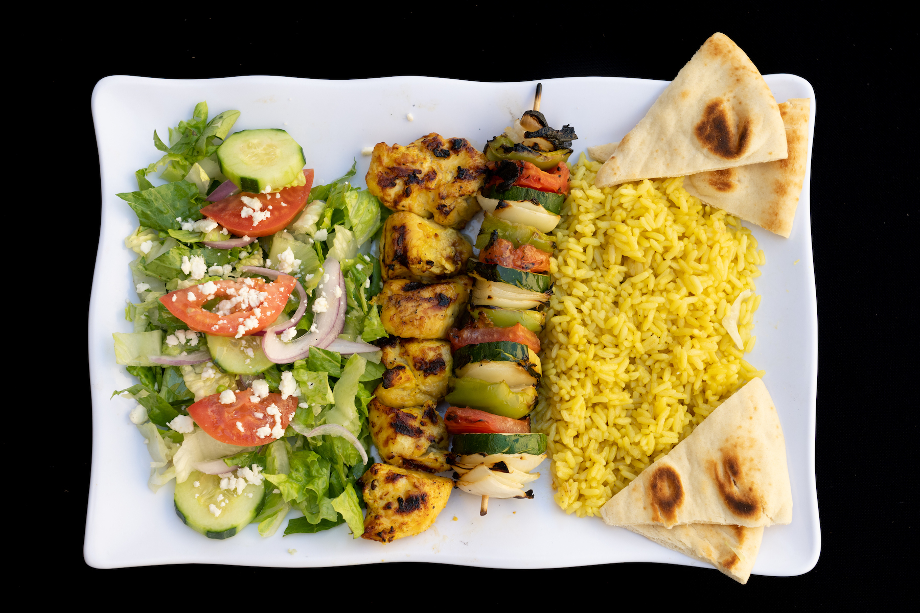 Order Chicken and Vegetable Kabob food online from Harbor Greek Cafe store, San Diego on bringmethat.com