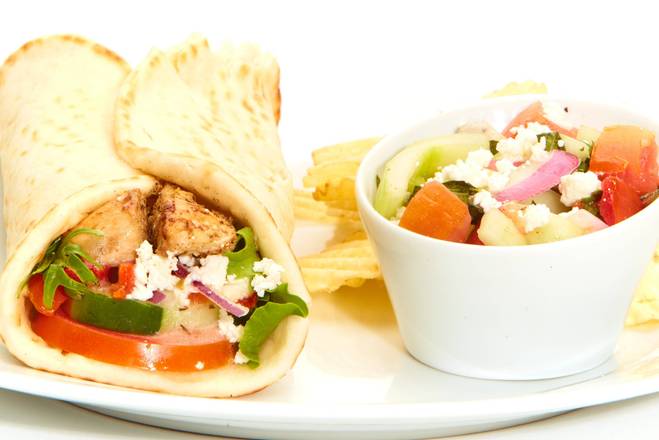 Order Greek Salad Gyro with Chicken food online from Taziki's Mediterranean Cafe store, Raleigh on bringmethat.com