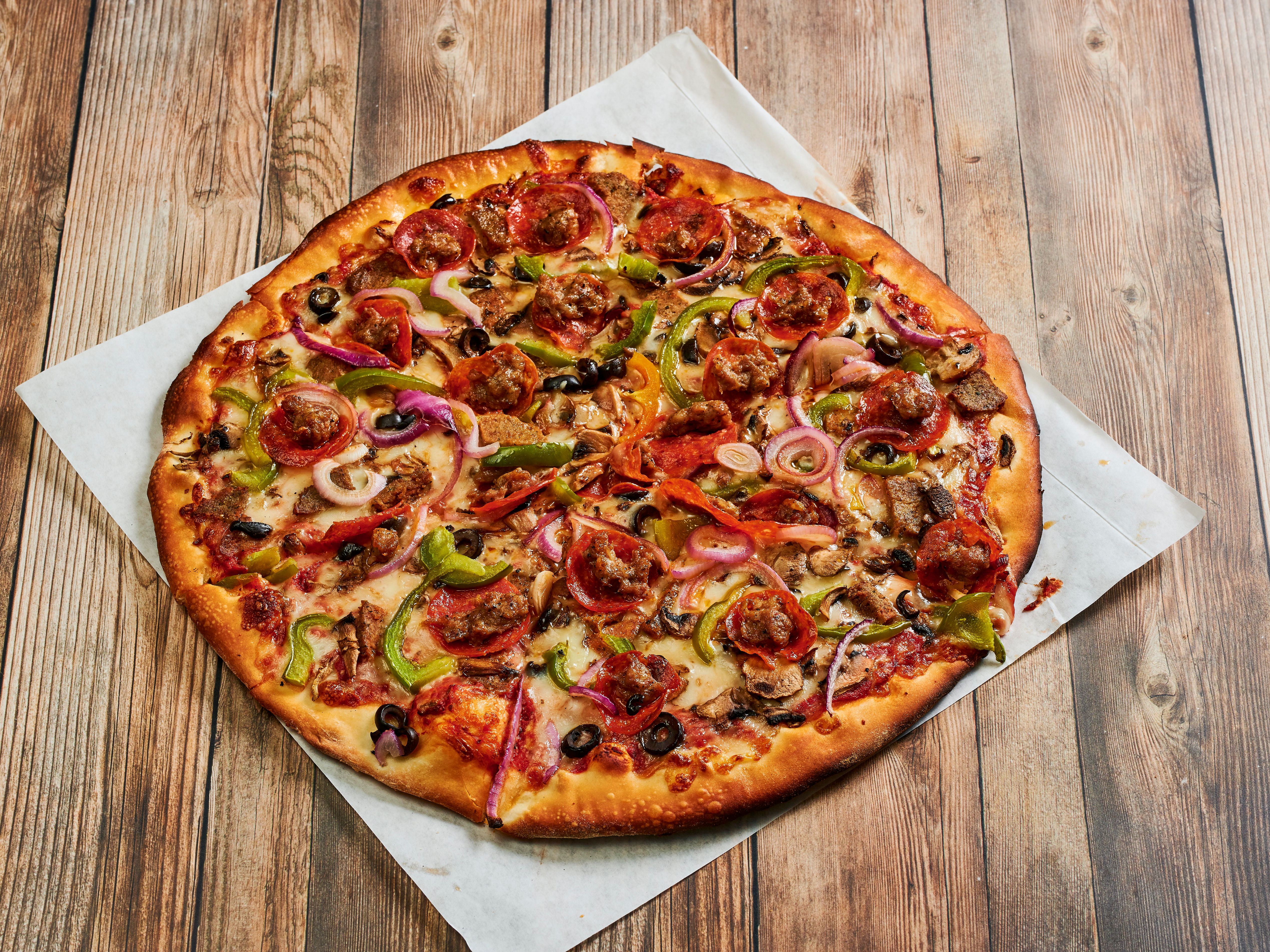 Order The Works Pizza food online from Omar Pizza store, Arcadia on bringmethat.com