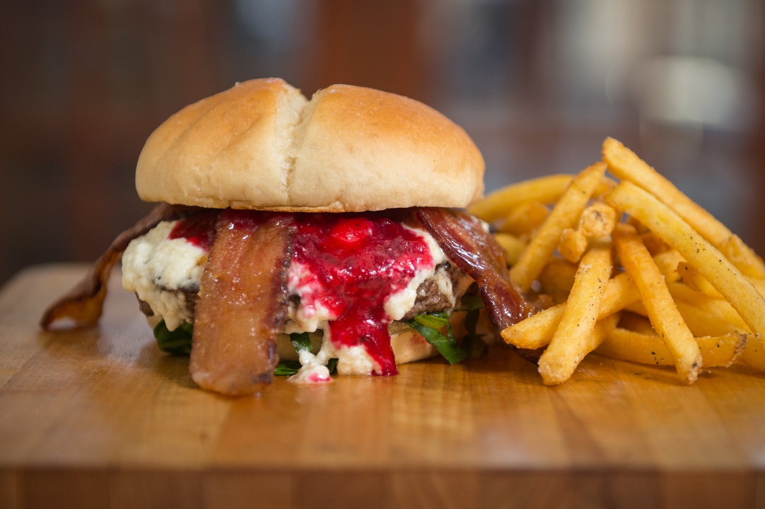 Order THE FETA CRANBERRY CANDIED BACON BURGER food online from Tycoon Flats store, San Antonio on bringmethat.com