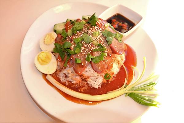 Order Roast Pork Over Rice and Egg food online from Roodle Rice & Noodle Bar store, Wallingford on bringmethat.com