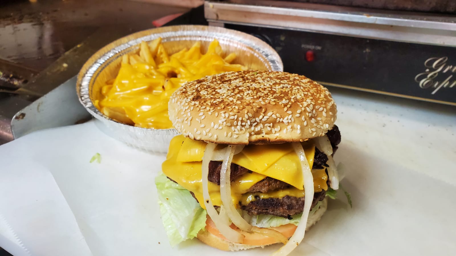 Order Double Bacon Cheese Burger with cheese fries  food online from Ny Breakfast Spot store, New York on bringmethat.com