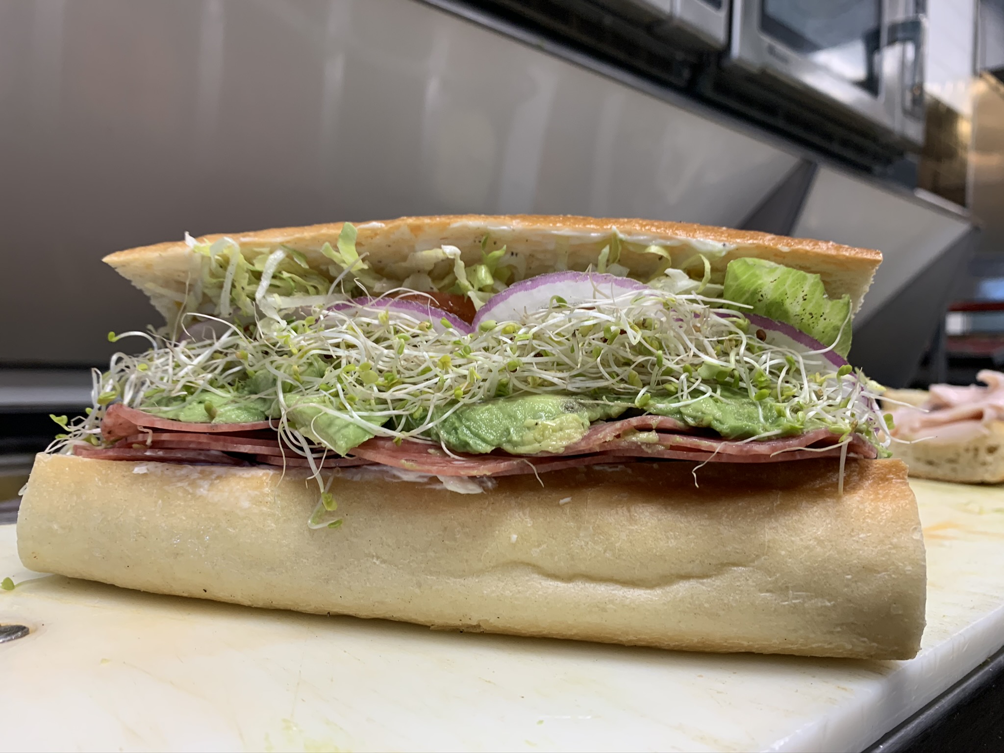 Order 2. Salami, Avocado, Sprouts and Cream Cheese Sandwich food online from The Pickled Deli store, Visalia on bringmethat.com