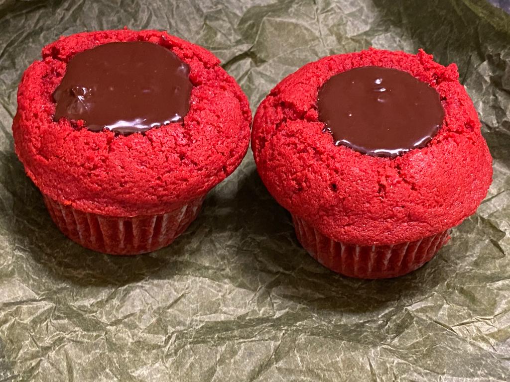 Order Two Southern Red Velvet Cupcake Stuffed With Bittersweet Chocolate Vanilla Ganache  food online from Senza Gluten store, New York on bringmethat.com