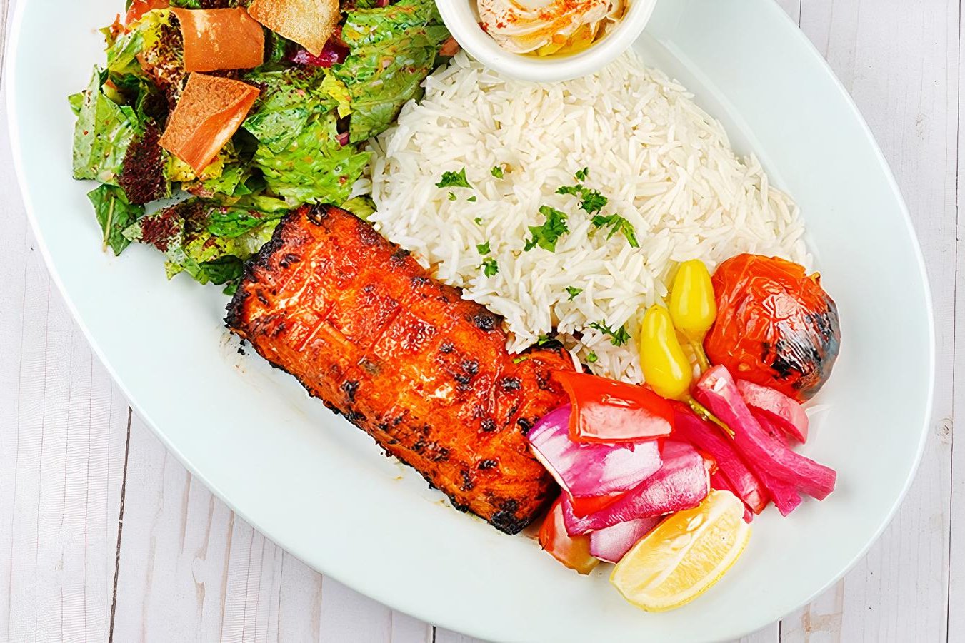 Order Spiced Salmon Kabob Plate food online from Tarme Mediterranean Grill store, Glendale on bringmethat.com