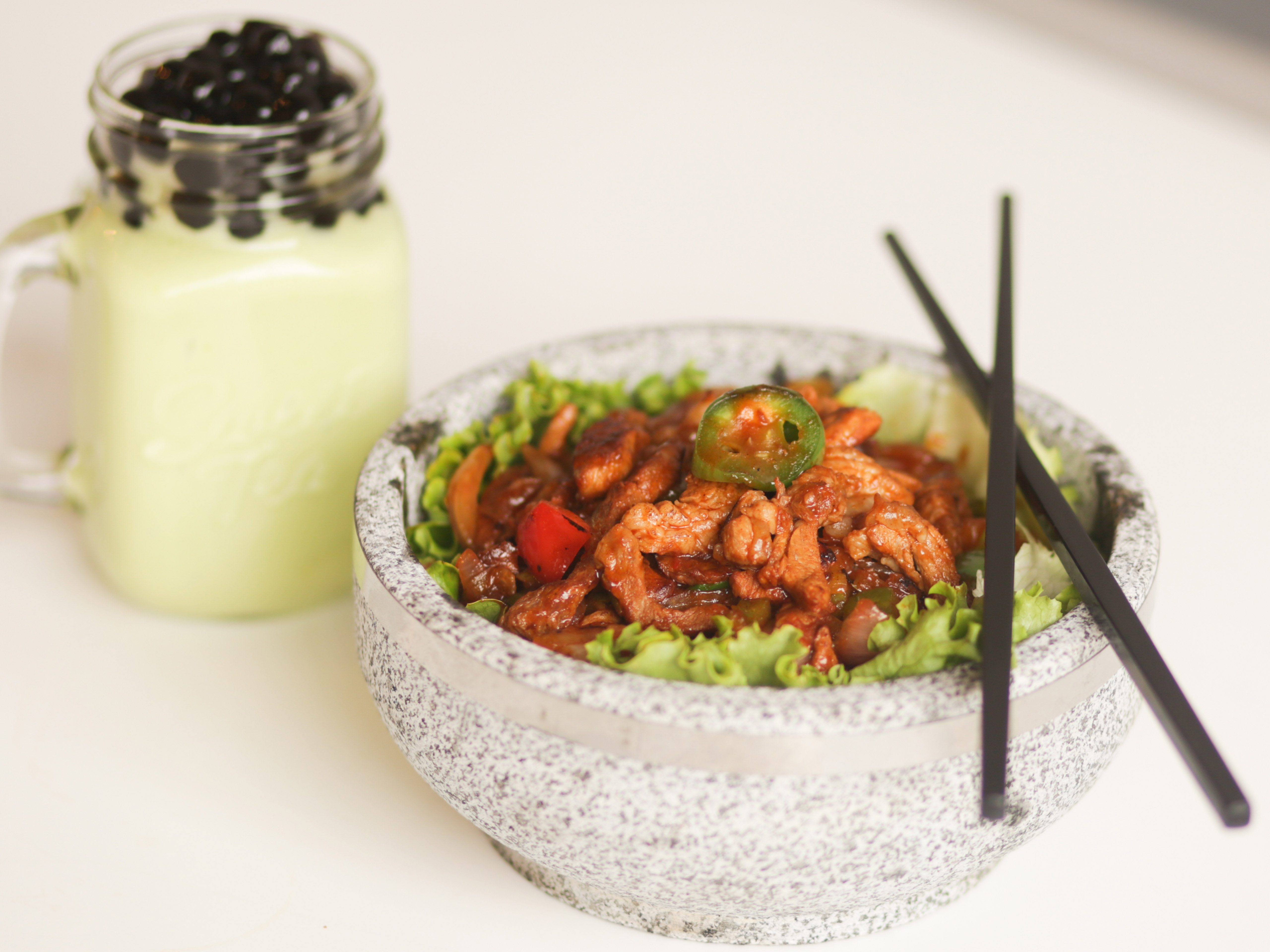 Order Korean Spicy Pork Hot Stone Plate food online from Min Min Asian Cafe store, Chicago on bringmethat.com