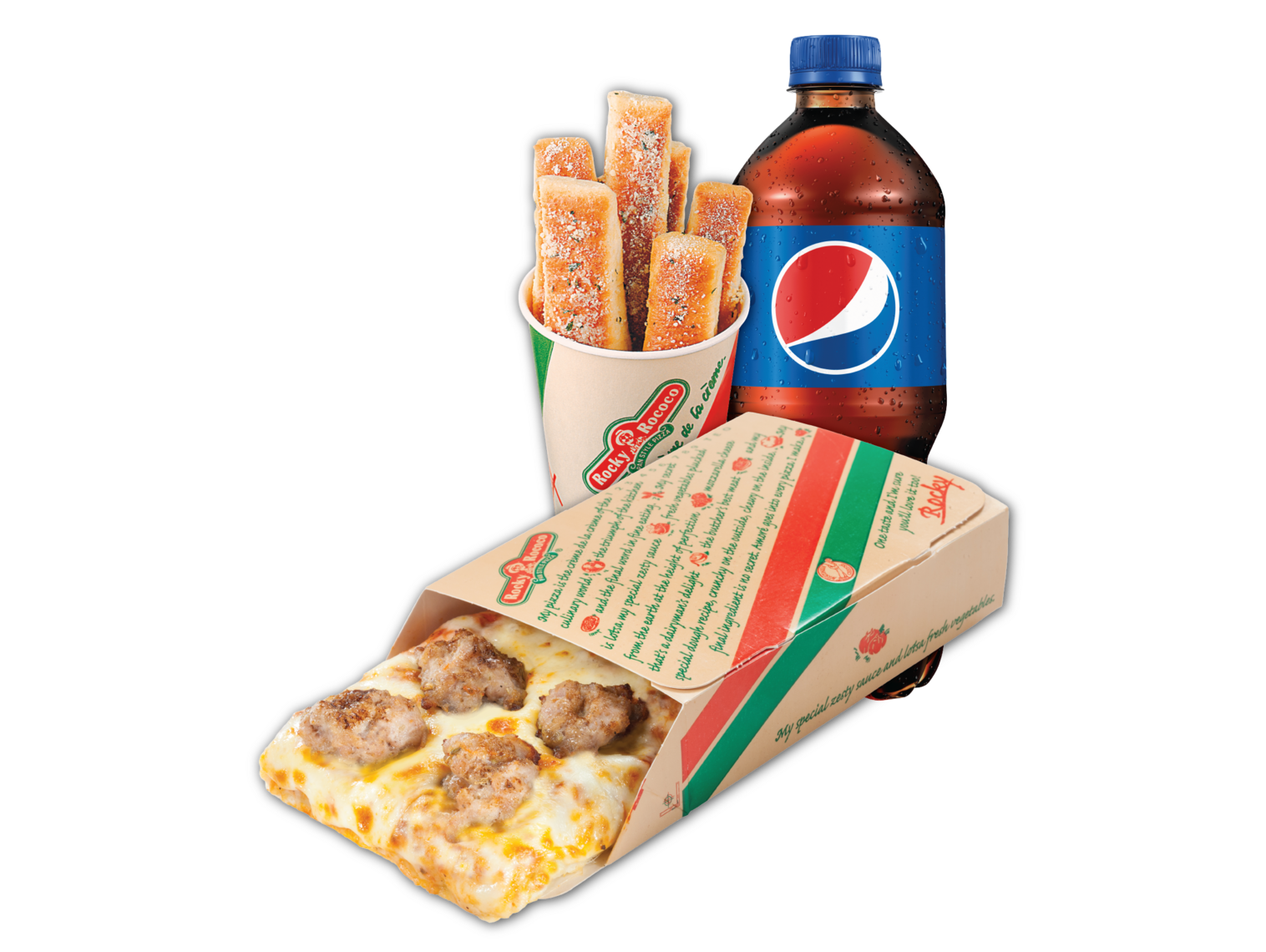 Order Regular Slice, Breadstick and Drink Combo food online from Rocky Rococo store, Fond du Lac on bringmethat.com
