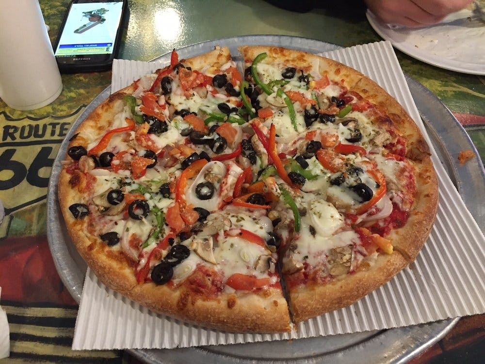 Order Vegetarian Pizza - Mini 8" (4 Slices) food online from Route 66 Pizza Palace store, Barstow on bringmethat.com