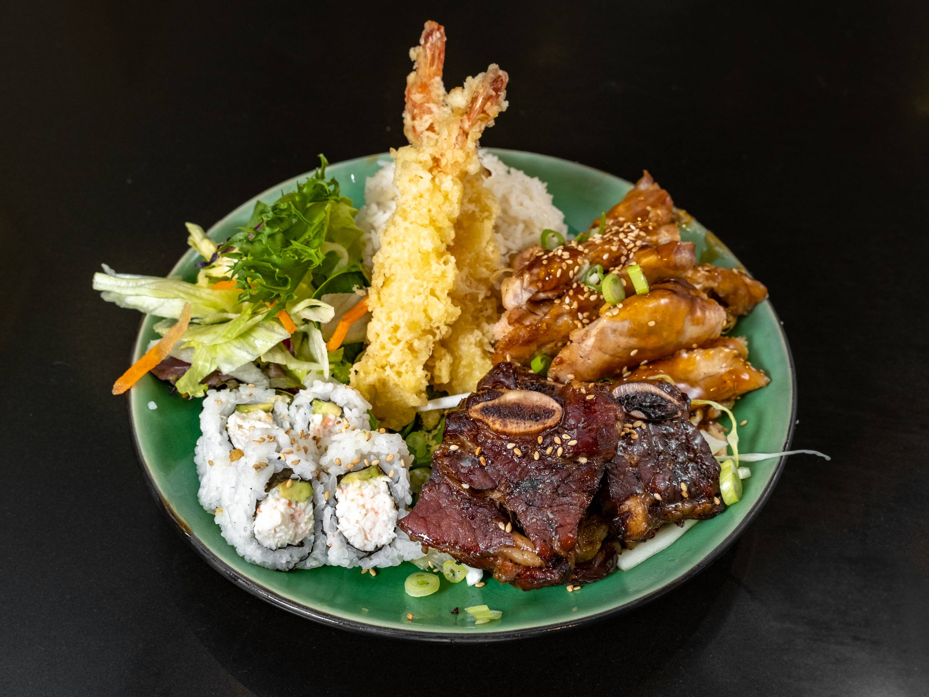 Order 3. BBQ Rib, Teriyaki Chicken, Cali Roll, 2 Pieces Tempura Shrimp Combo Special food online from Tokyo Sushi Bbq store, Hemet on bringmethat.com