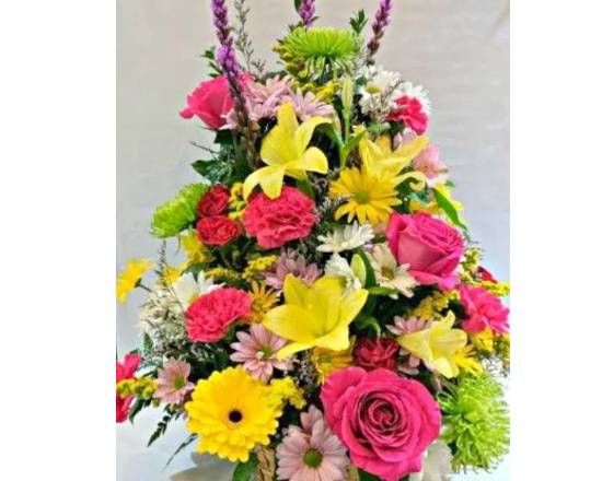 Order Funeral basket 27 inchs tall full of flowers and ribbon and card  food online from Nia store, Chicago on bringmethat.com