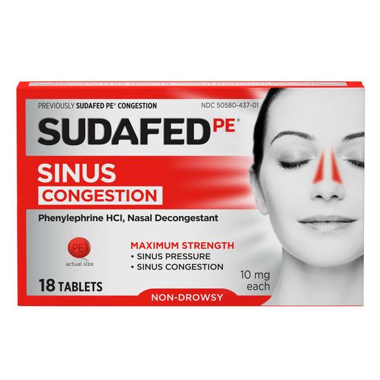 Order Sudafed PE Maximum Strength Non Drowsy Sinus Decongestant (18 ct) food online from Rite Aid store, PITTSBURGH on bringmethat.com