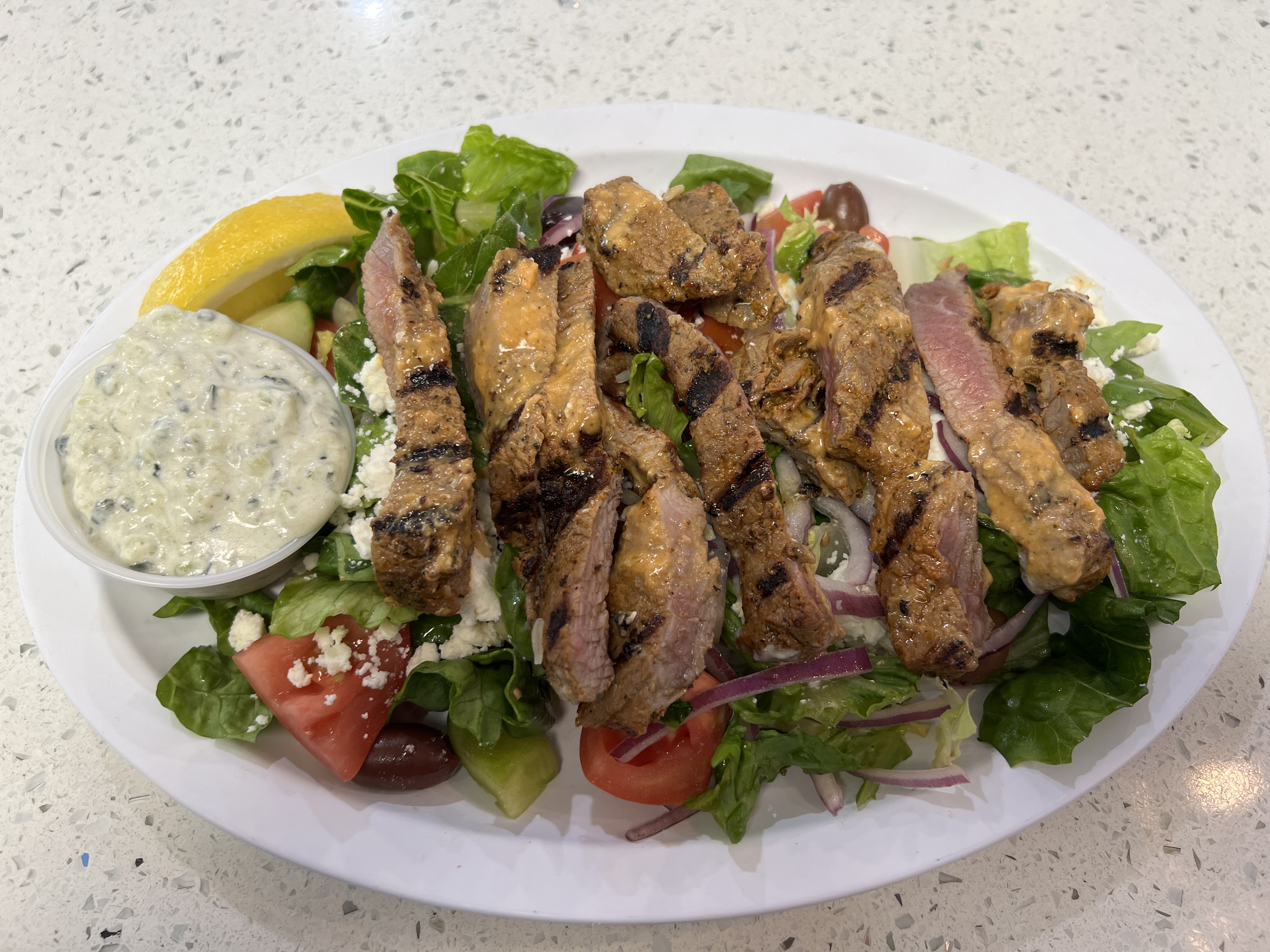 Order Steak Salad food online from Mikonos Grill store, Milpitas on bringmethat.com