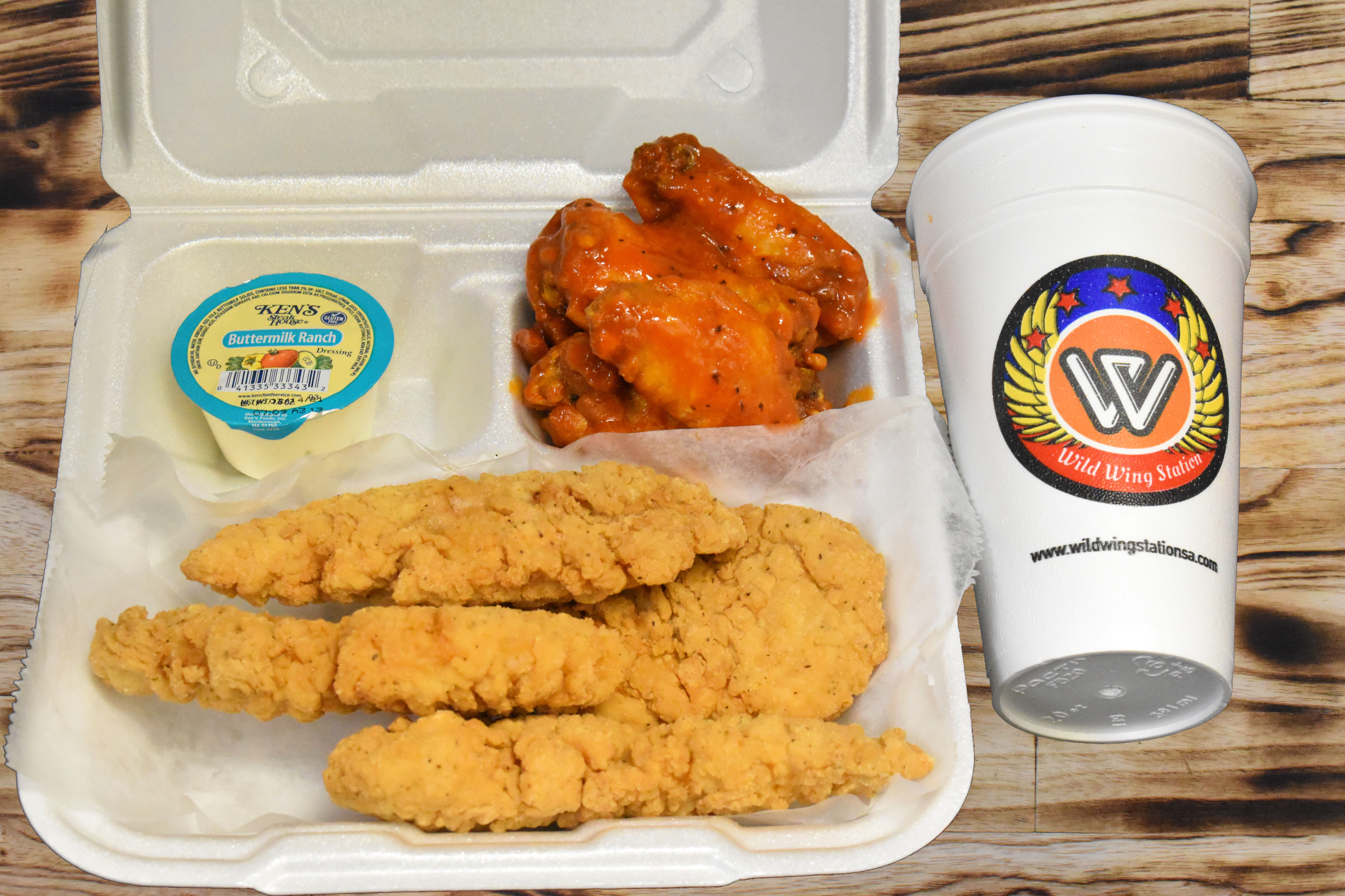 Order 4 Piece Tender with 5 Piece Wings and Drink food online from Wild Wing Station store, San Antonio on bringmethat.com