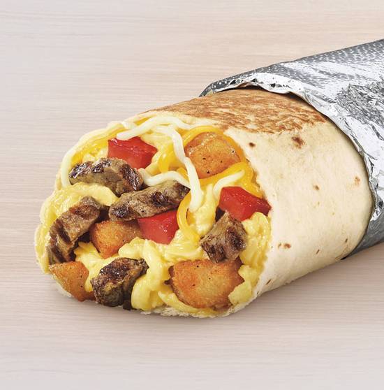 Order Grande Toasted Breakfast Burrito Steak food online from Taco Bell store, Manning on bringmethat.com