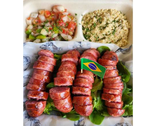 Order Salsichao Gaúcho Acebolado com farofa ( Brazilian sausage with sauté onion.) food online from Rio Brazilian Huli Grill store, Wahiawa on bringmethat.com