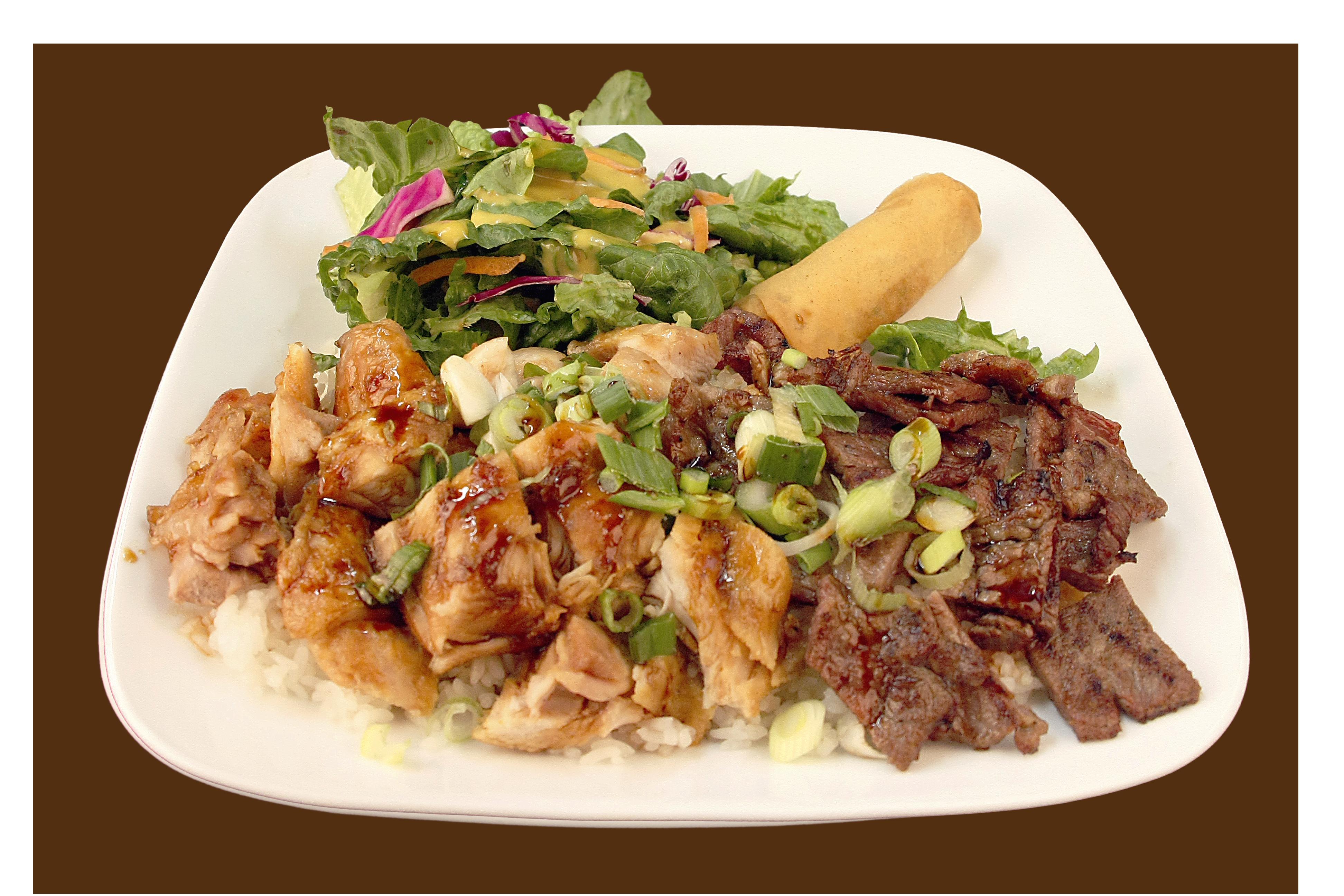 Order 4. Chicken and Beef Teriyaki Plate food online from California Teriyaki Grill store, Santa Ana on bringmethat.com