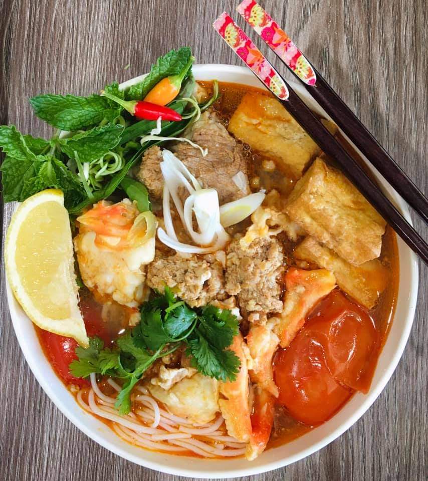 Order 3. Crabmeat, Tofu & Tomato Noodle Soup-Bun rieu food online from Tuyet Mai store, San Francisco on bringmethat.com