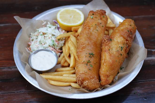 Order Beer Battered Fish + Chips food online from Lazy Dog Restaurant & Bar store, Peachtree Corners on bringmethat.com