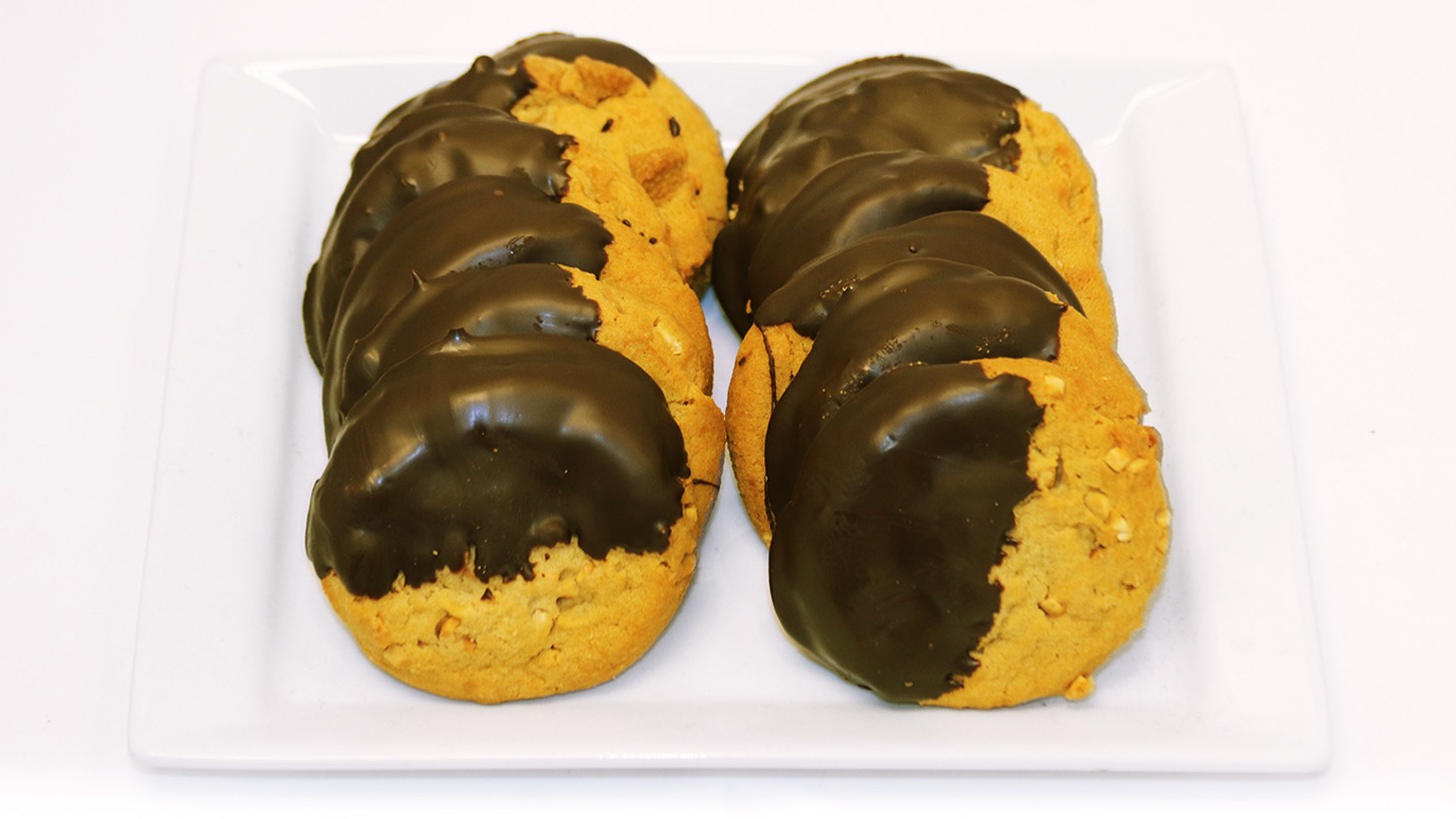 Order Fresh Baked Chocolate Dipped Peanut Butter Cookies, 12 ct. food online from Lucky California store, Millbrae on bringmethat.com