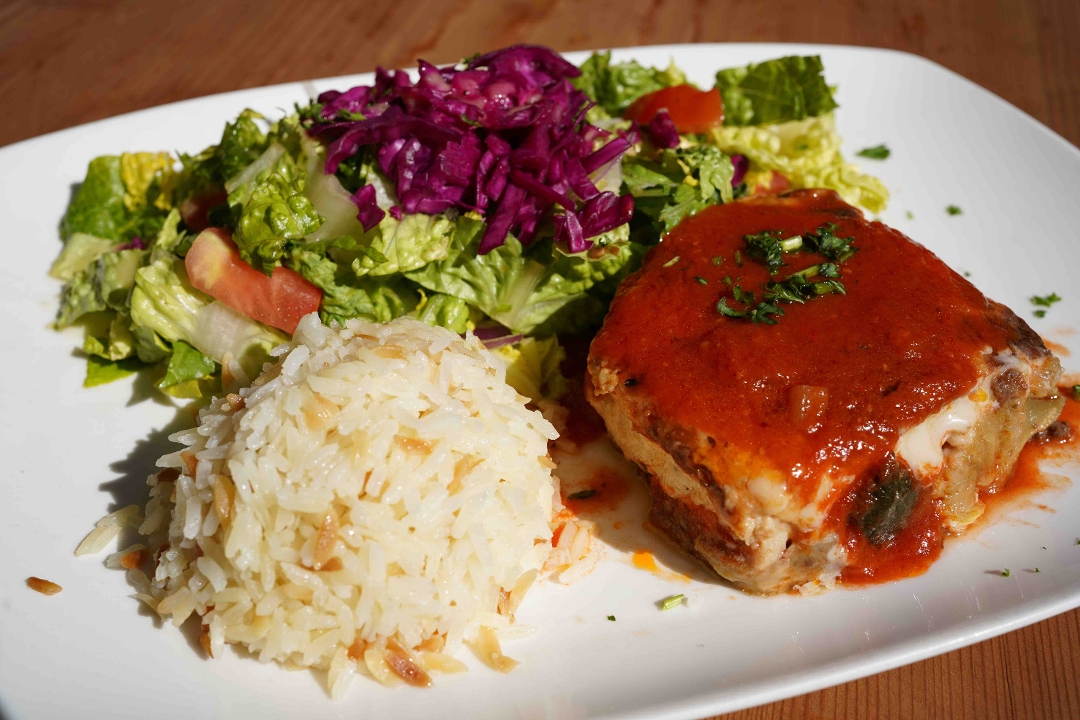 Order Meat Moussaka Plate food online from Pasha Mediterranean store, Redwood City on bringmethat.com