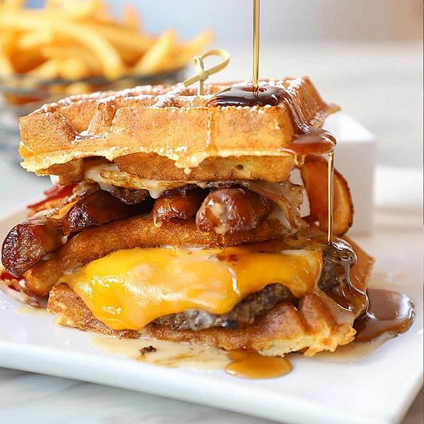 Order Waffle Breakfast Burger food online from Wild ‘N Out Wings & Things store, San Diego on bringmethat.com