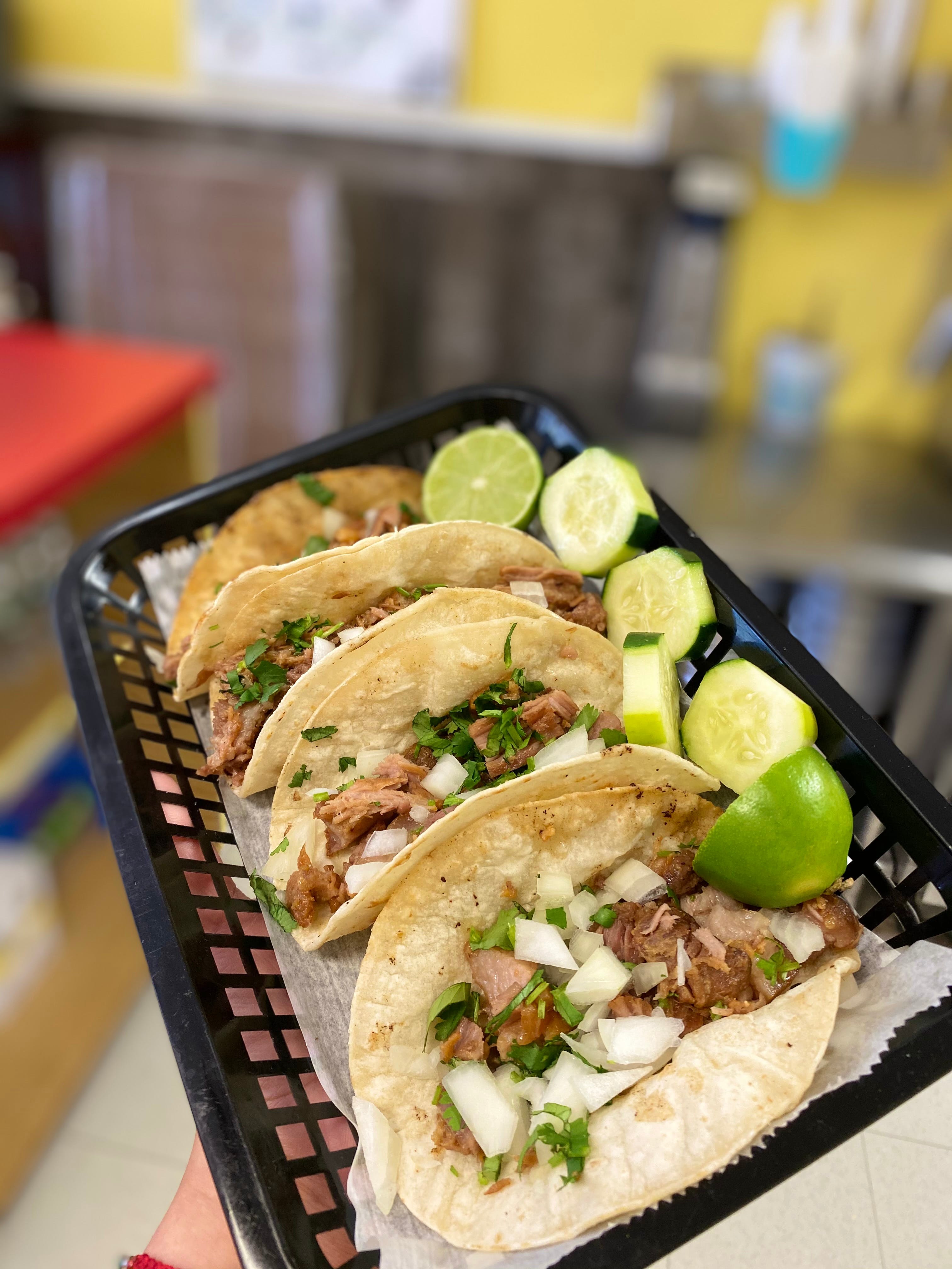 Order Tacos De Carnitas - 4 Pieces food online from Gino's Pizza & Spaghetti House store, Lindenwold on bringmethat.com
