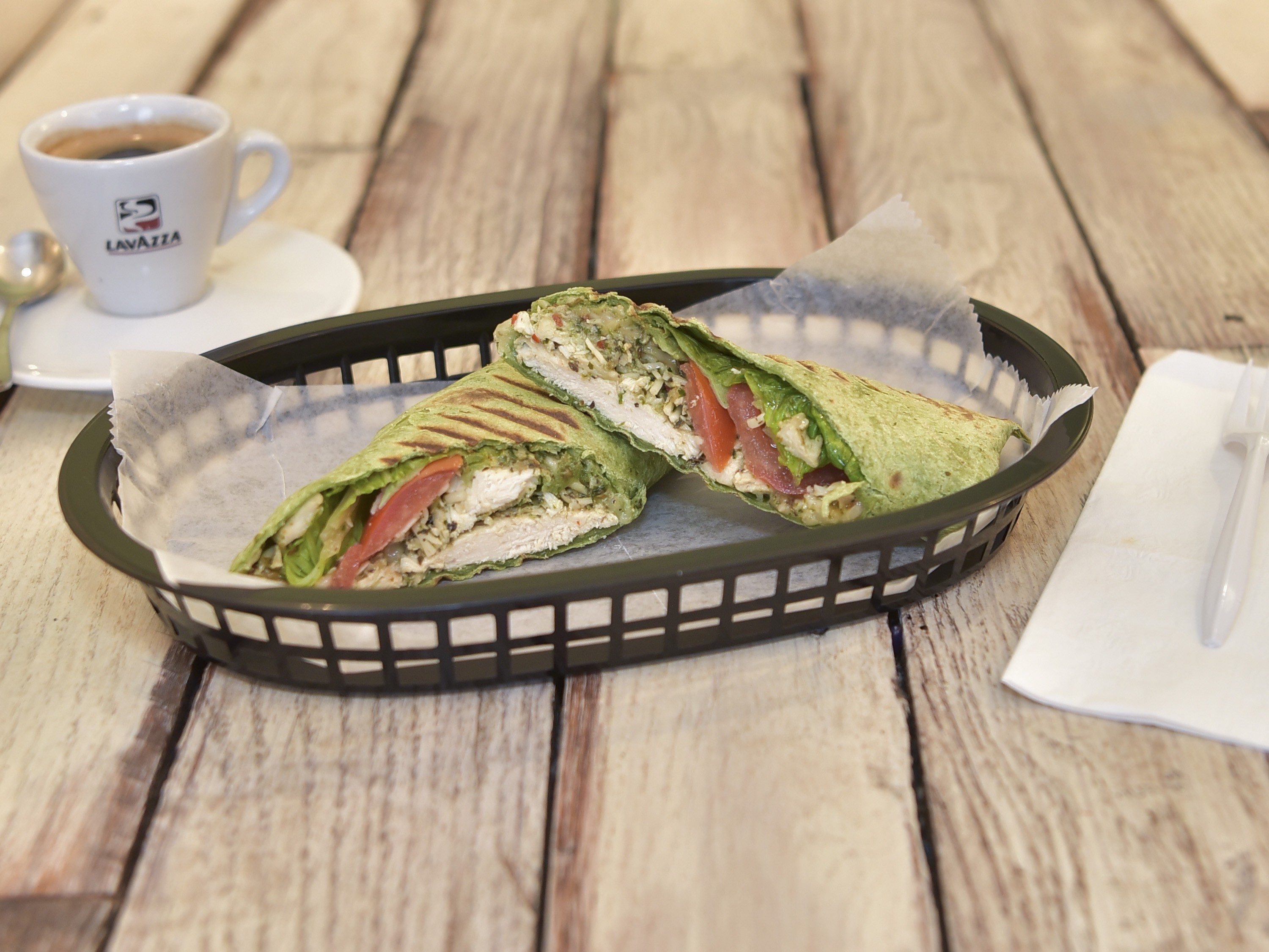 Order Chicken Pesto Wrap food online from C Cake & Coffee House store, Montevallo on bringmethat.com