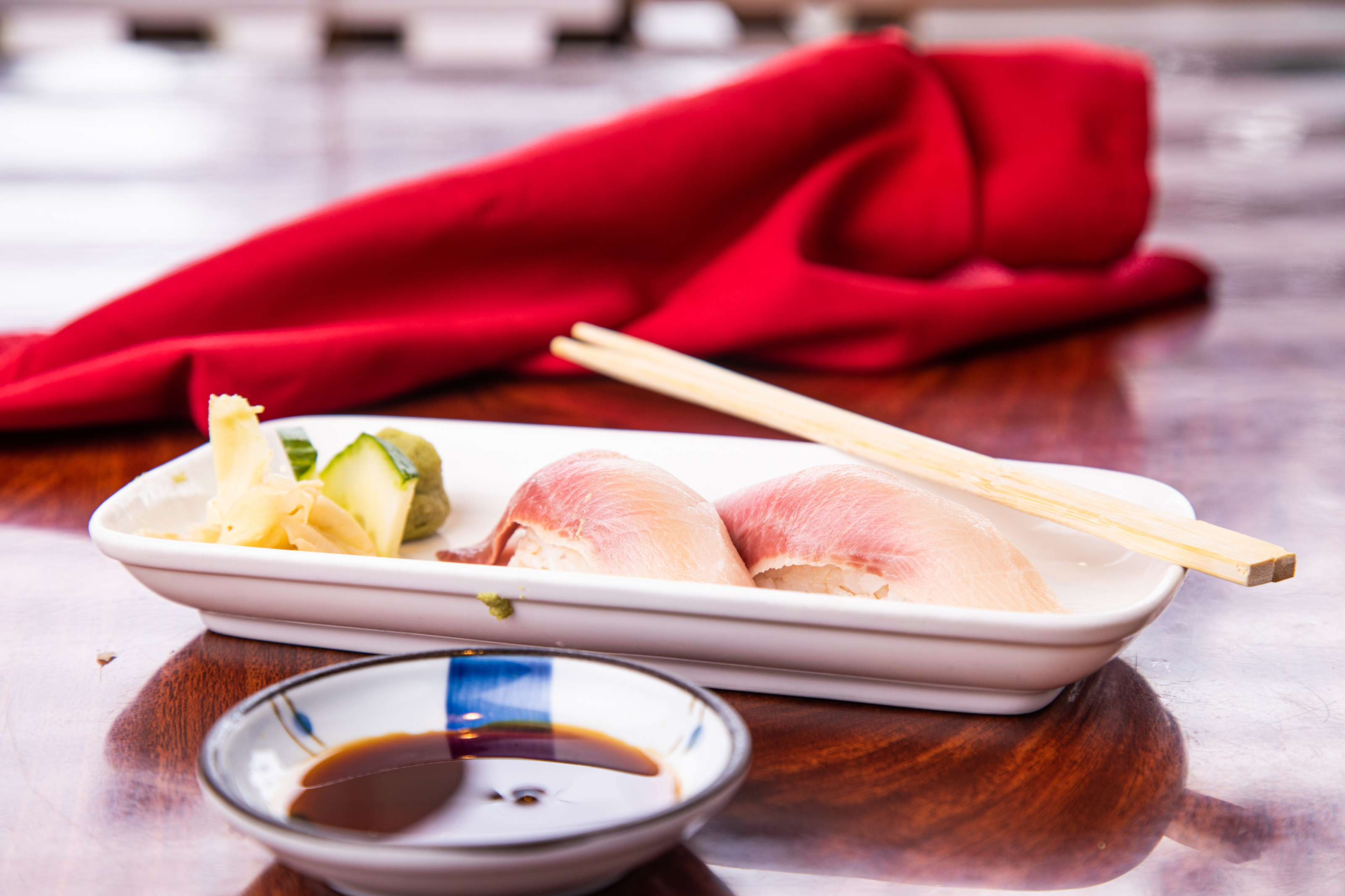 Order 54. Hamachi Nigiri food online from Yama sushi restaurant store, Belmont on bringmethat.com
