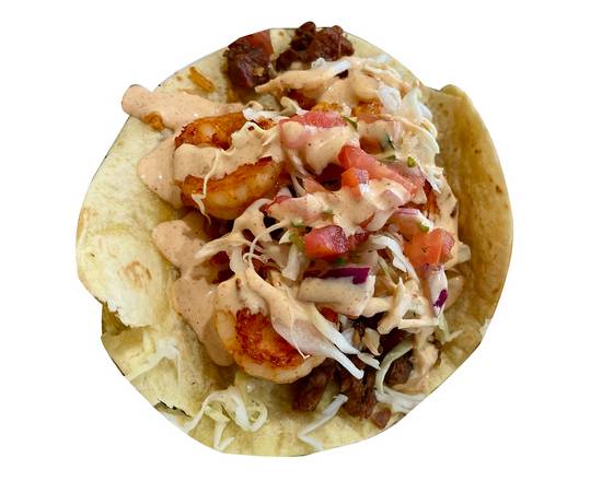 Order Surf & Turf Taco (Corn) food online from Baja Cali Fish & Tacos store, Alhambra on bringmethat.com