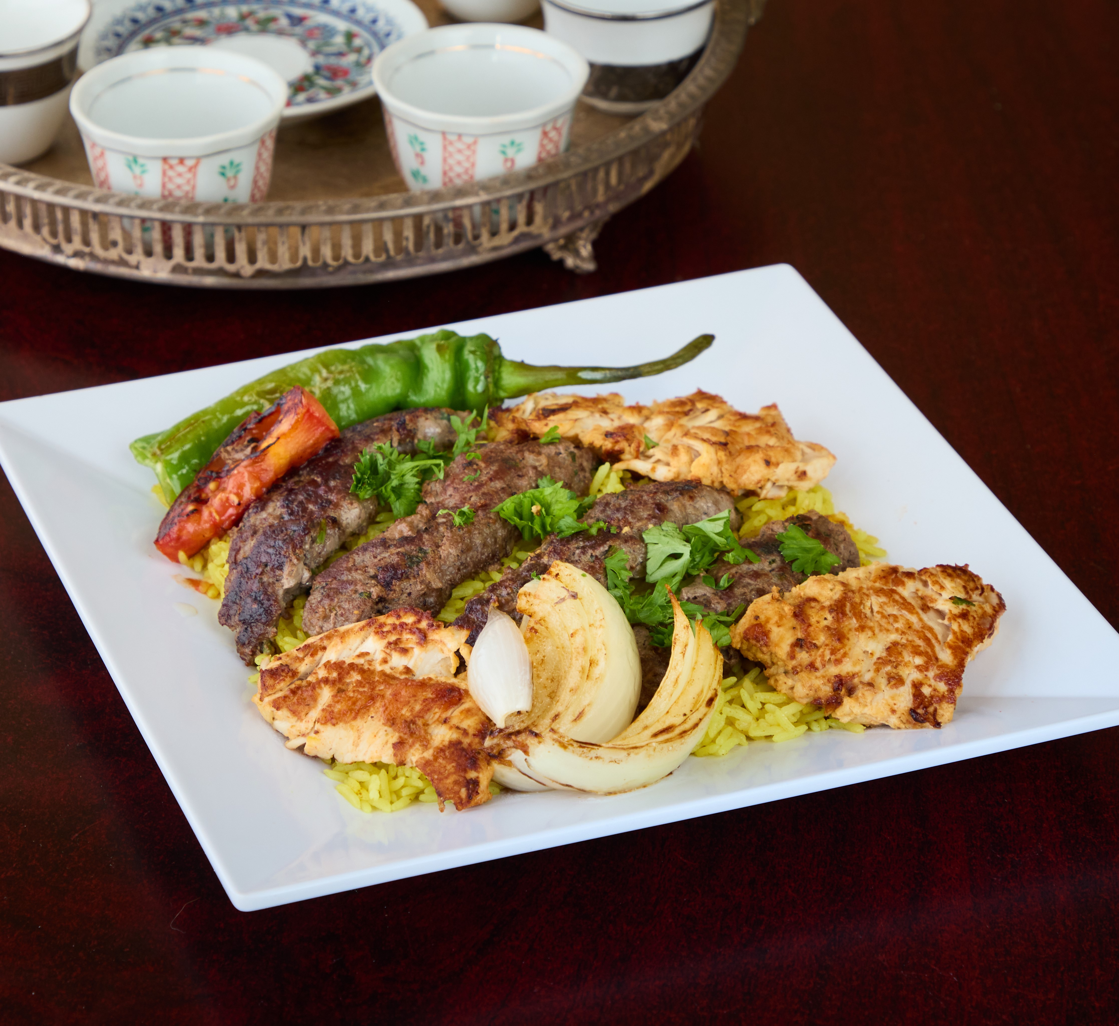 Order Beef Kabab Plate food online from Tarboosh Mediterranean Restaurant store, Allston on bringmethat.com