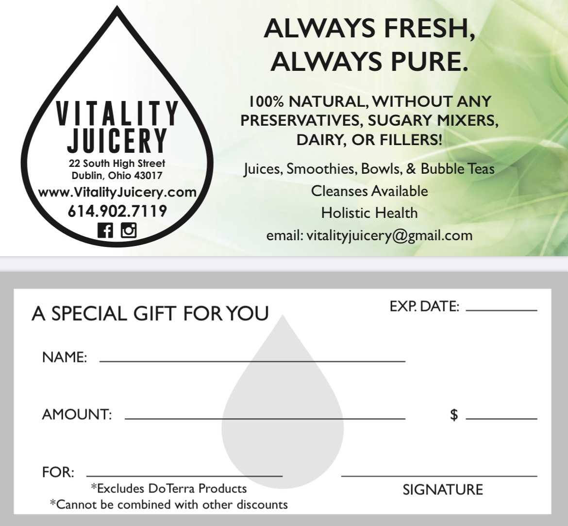 Order GIFT CERTIFICATES food online from Vitality Juicery store, Dublin on bringmethat.com