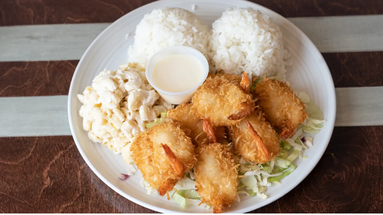 Order 23. Coconut Shrimp Plate food online from Halo Hawaiian Bbq & Poke Bar store, Halethorpe on bringmethat.com