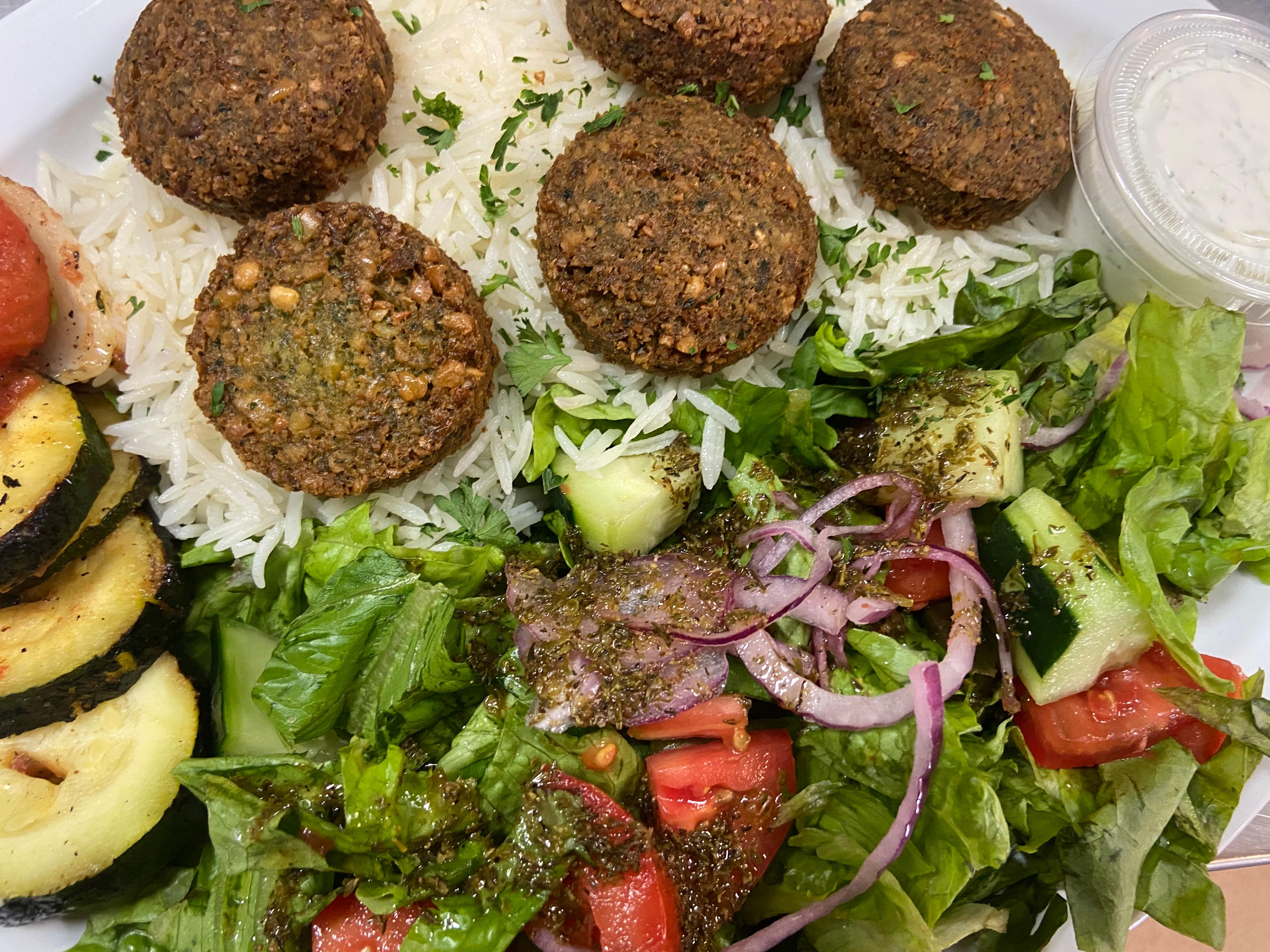 Order Falafel Plate (5pc) food online from Off The Boat Fish Grill store, Placentia on bringmethat.com