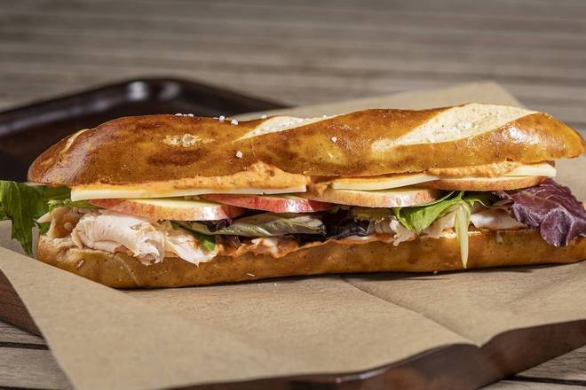 Order Applegate Farms Smoked Turkey and Wisconsin Cheddar Baguette food online from Hannah's Bretzel store, Chicago on bringmethat.com