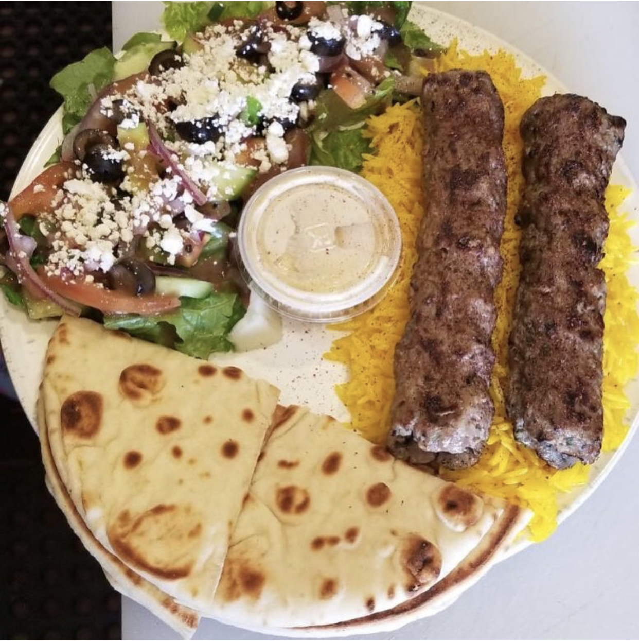 Order Beef Kabob Plate food online from Hummus Mediterranean Kitchen store, San Diego on bringmethat.com