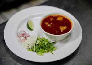 Order Small Pozole Rojo food online from Los Chaparros store, Honolulu on bringmethat.com