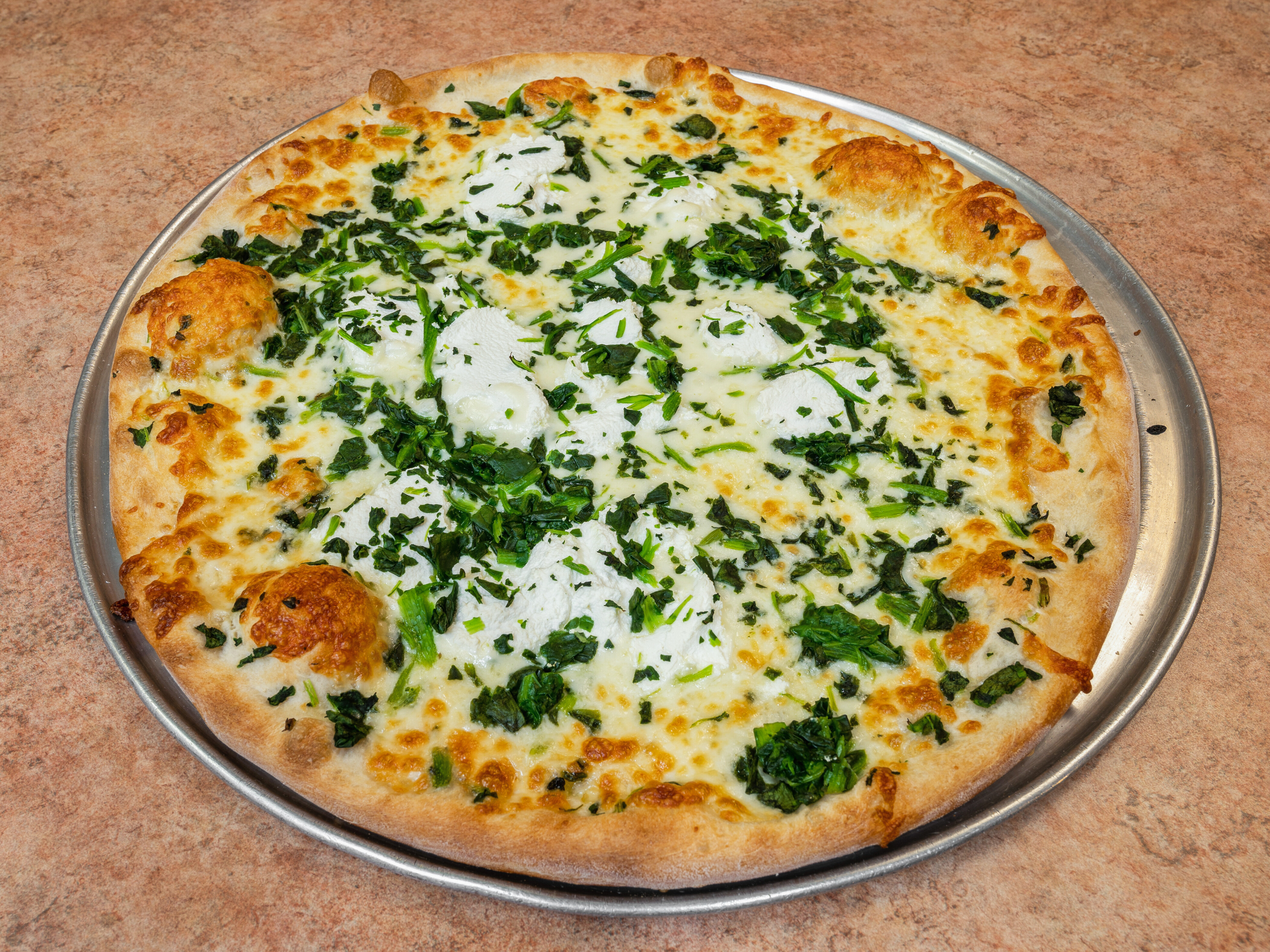 Order White Pie with Spinach food online from Angelo's Pizza store, Bloomfield on bringmethat.com