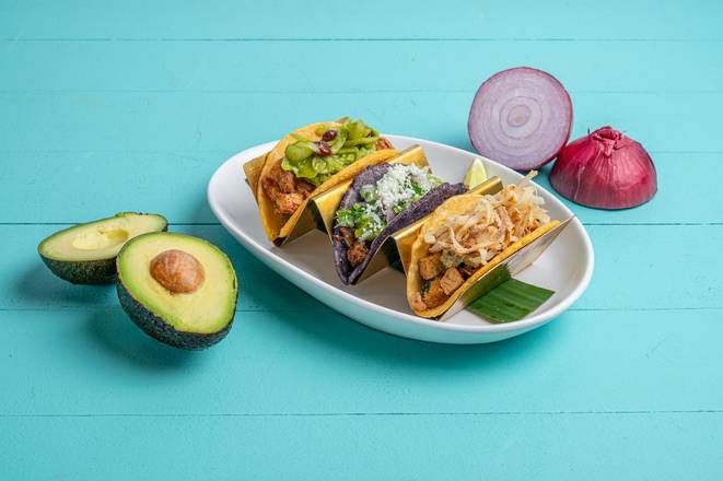 Order 3 Vegan Taco Sampler food online from Tocaya Organica store, San Diego on bringmethat.com