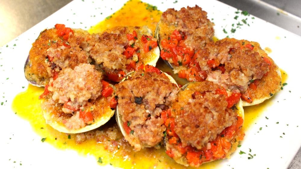 Order Clams Casino - 6 Pieces food online from Mr. Bruno's Pizzeria And Restaurant store, Lyndhurst on bringmethat.com