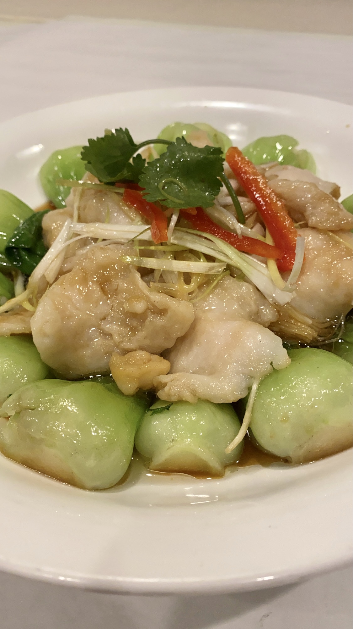 Order Steamed Fish Filet w/ Shanghai Baby Bok Choy food online from Evergreen on 38th Street store, New York on bringmethat.com